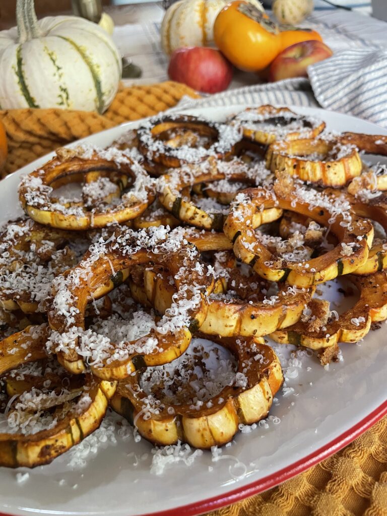 Side view of finished product: Delicata squash rings, roasted until carmelized, topped with parmesan and buttery breadcrumbs.
