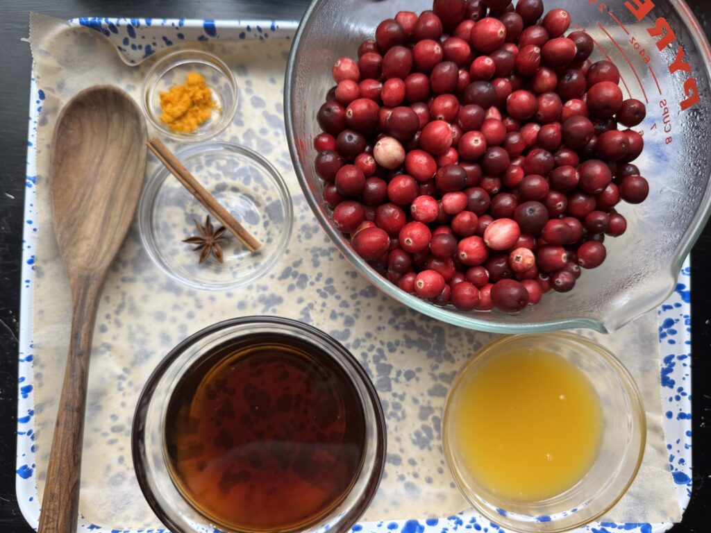 Ingredients for cranberry sauce, mis en place ready to make!