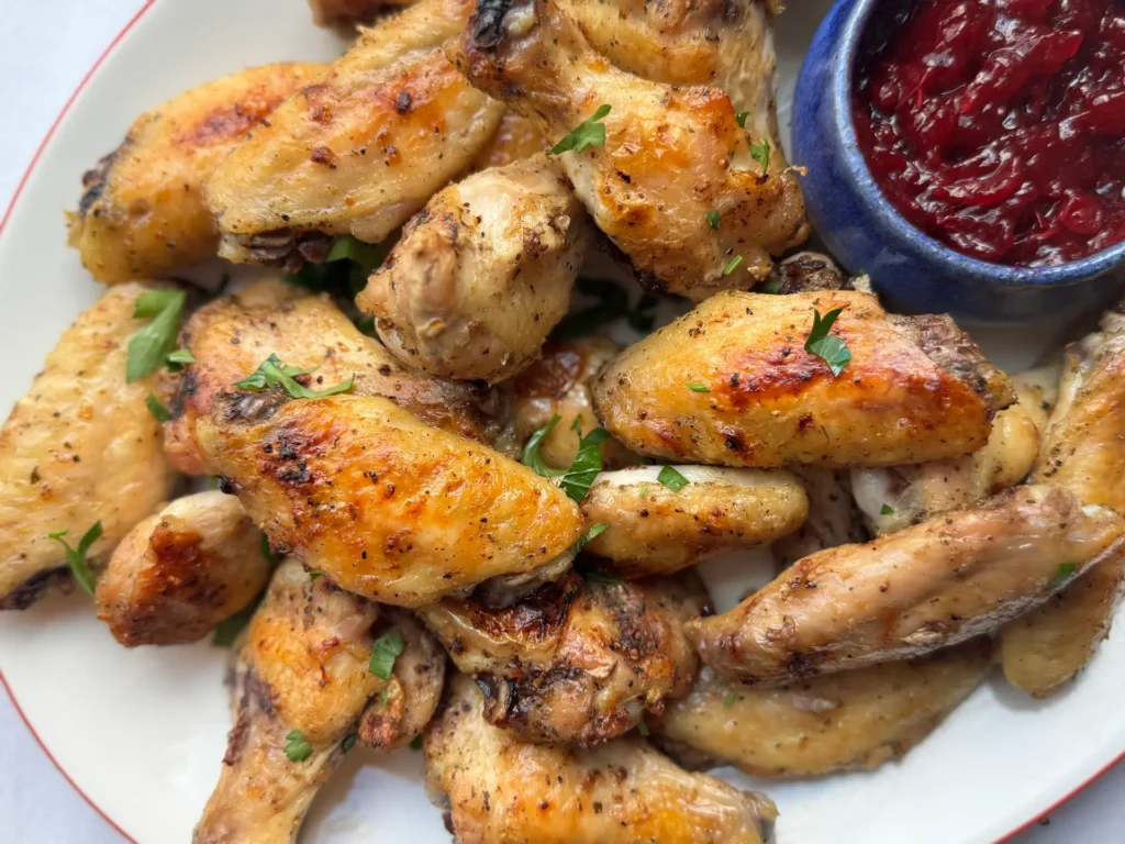Chicken wings with a side of cranberry sauce.