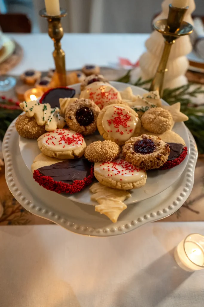 Assortment of Vanilla Sugar Cookies with sprinkles, jam centers, and chocolate-dipped.