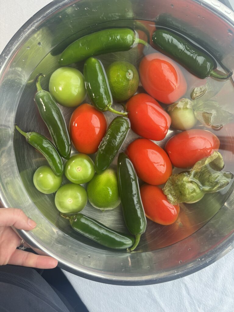 overhead image of salsa ingredients in a large bowl, being rinsed in water.