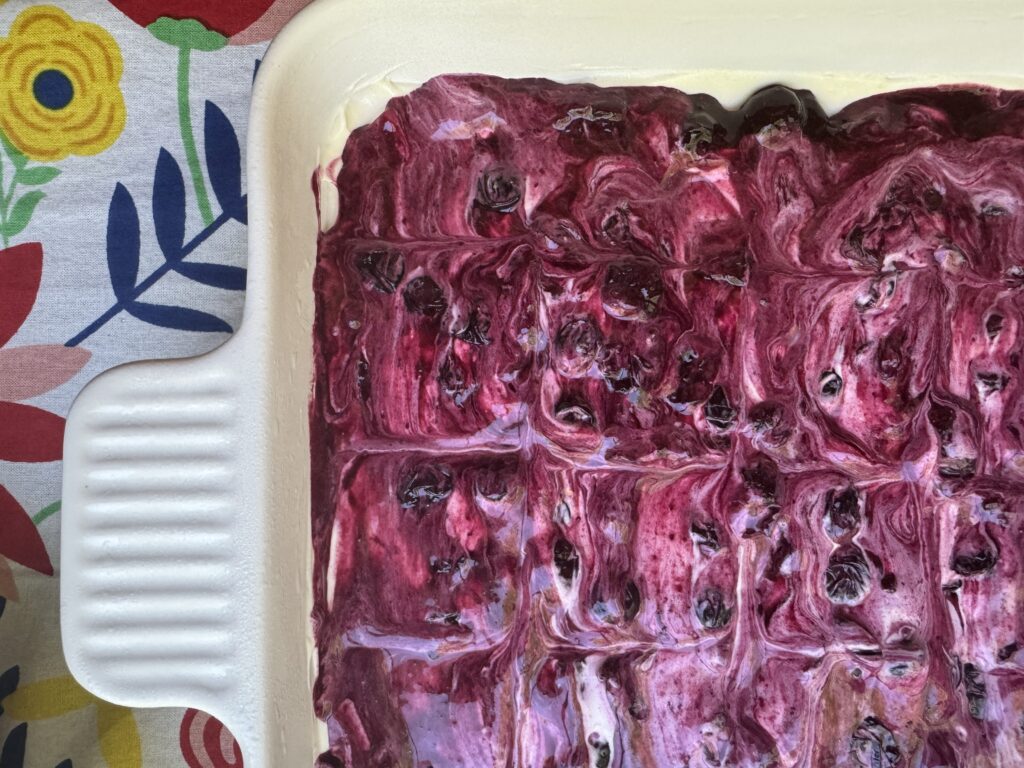 Overhead view of blueberry cheesecake bars in a baking dish.