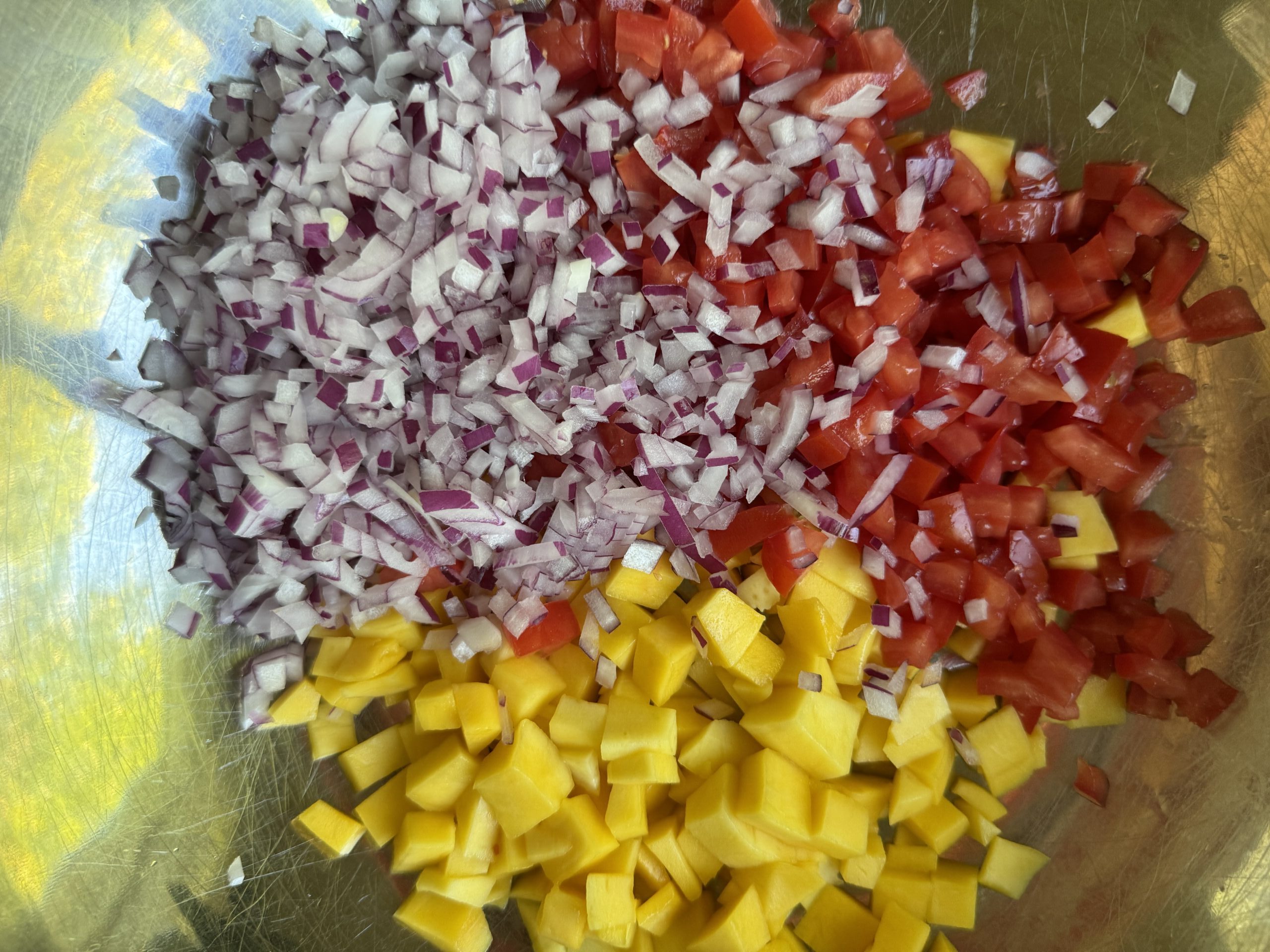 Finely chopped red onion, mango, and tomatoes.