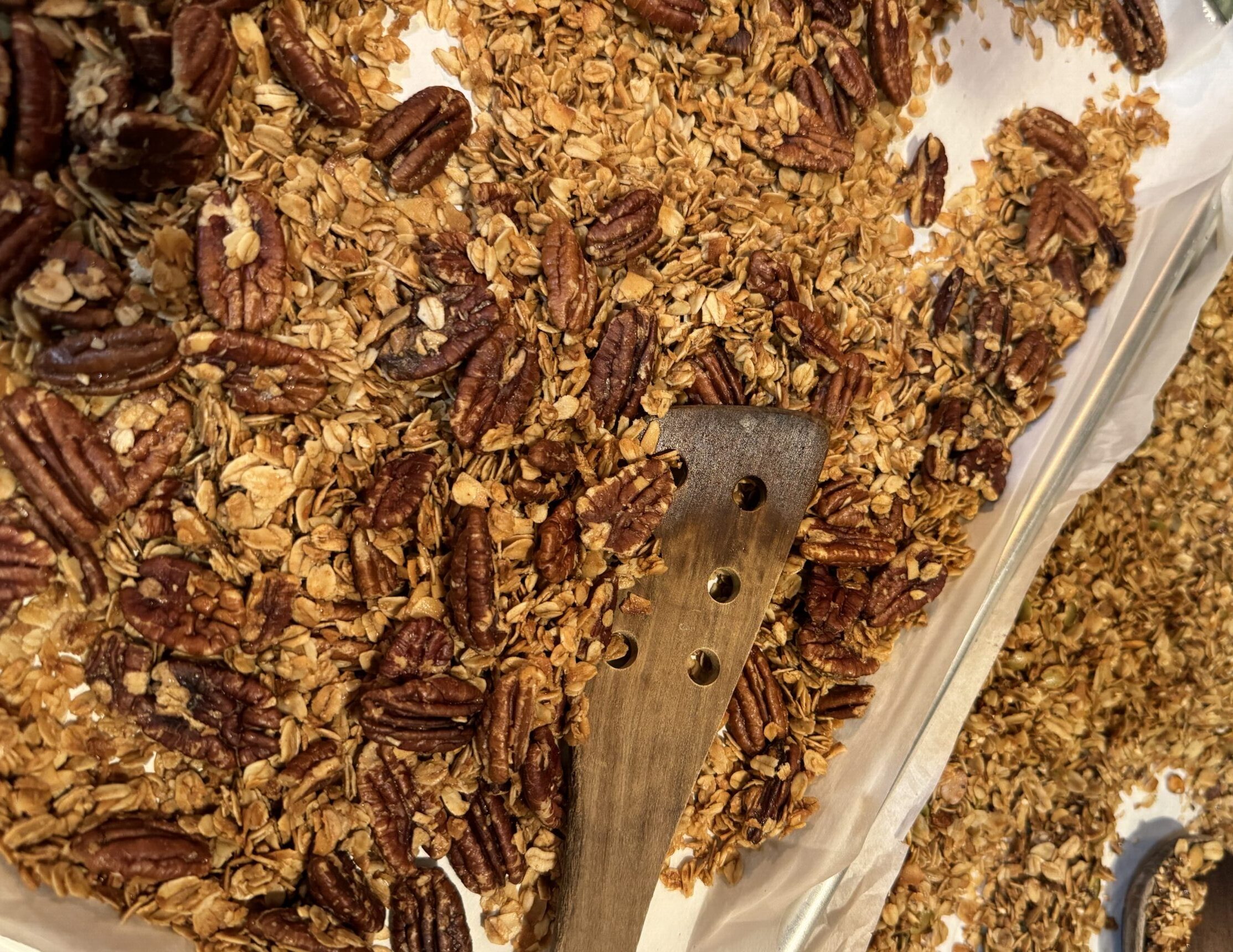 Hot Gluten-Free Granola, fresh from the oven. Pecans are whole, haven't been crushed. Ready to eat!