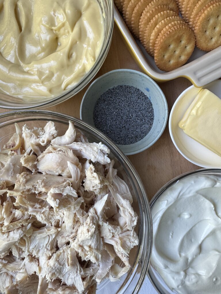 Ingredients for Chicken Poppyseed casserole, ready for assembly.