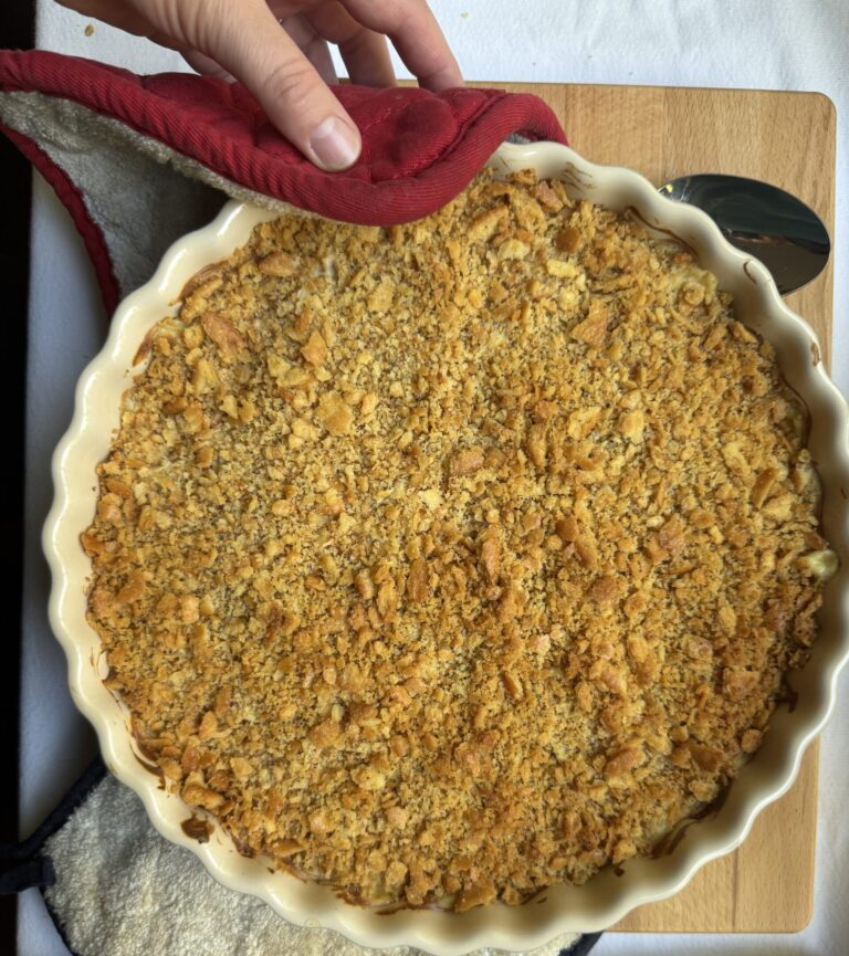 Fully baked Chicken Poppyseed casserole, hot from the oven.