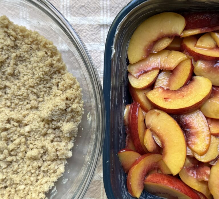 Finished crumble topping, finished nectarine filling, side-by-side before assembly.