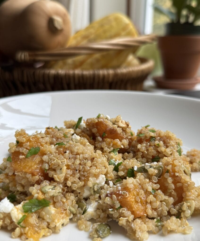 Finished product, plated Butternut Squash Salad.