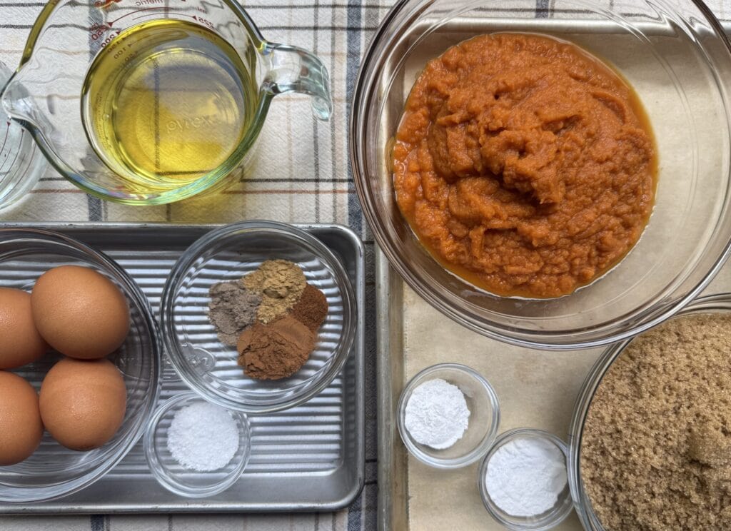Pumpkin Bread ingredients, measured and arranged in mis en place.