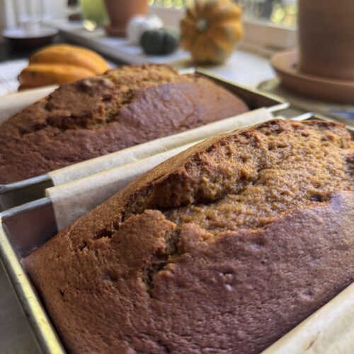 Fresh pumpkin bread loaves, still in the pan.