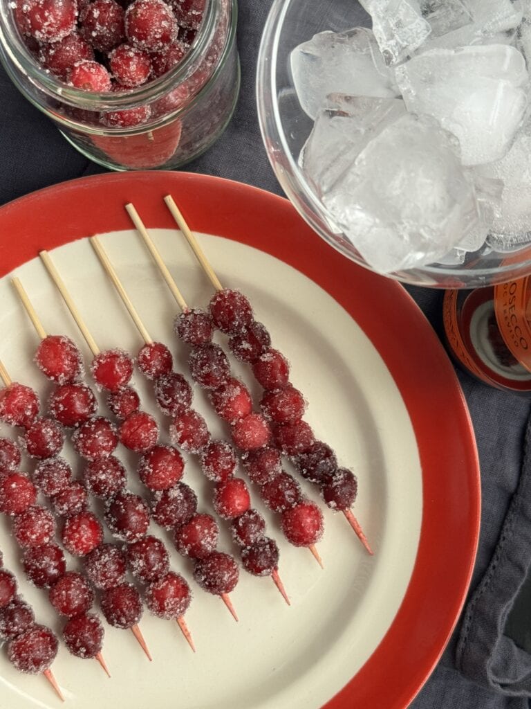 Plated skewers of Sparkling Cranberries, a jar of Sparkling Cranberries, and a cocktail glass filled with ice.