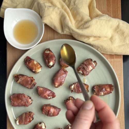 Hot dates, fresh from the oven being drizzled with hot honey.