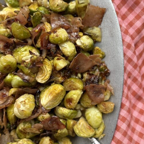 Overhead image of plated dish of Brussels Sprouts with Prosciutto and Shallots.