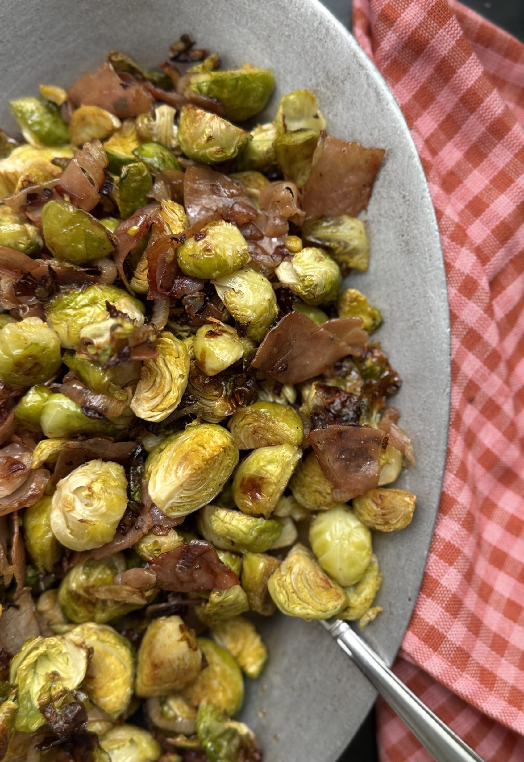 Overhead image of plated dish of Brussels Sprouts with Prosciutto and Shallots.