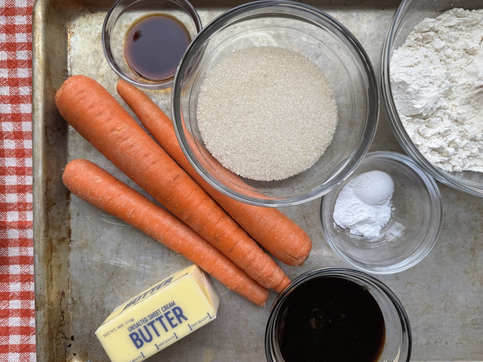 Ingredients arranged for Brown Butter Carrot Cake Madeleines