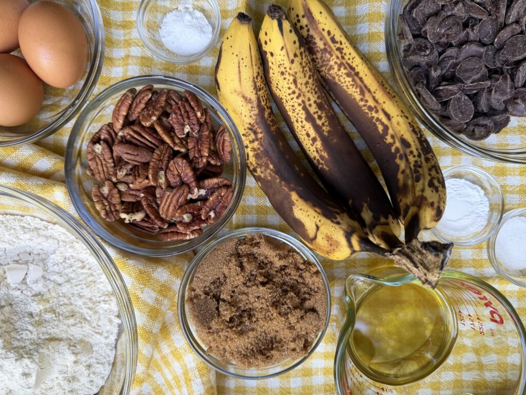 Ingredients for banana nut bread with chocolate chips
