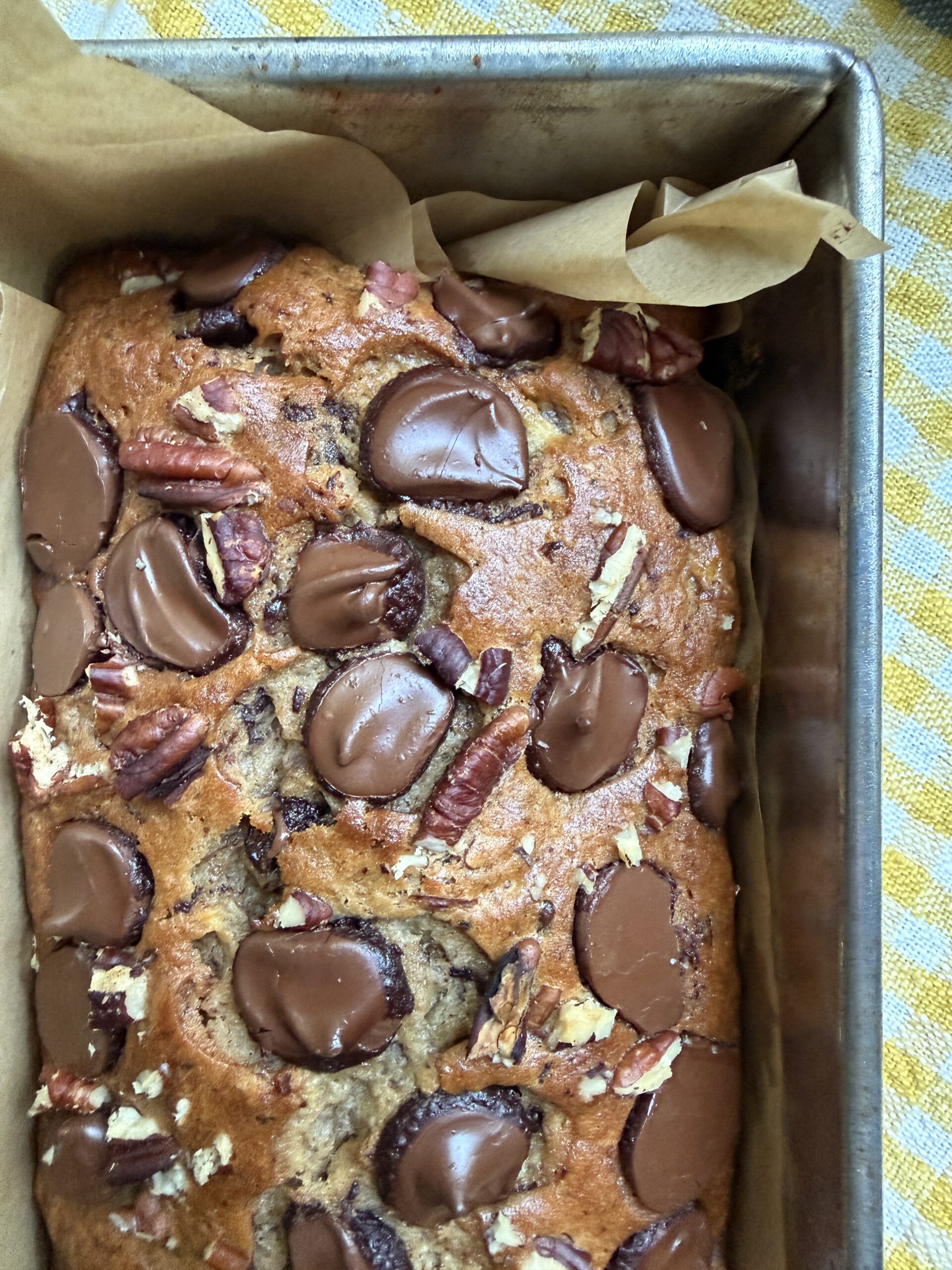 Moist banana bread with pecans and melted chocolate chips