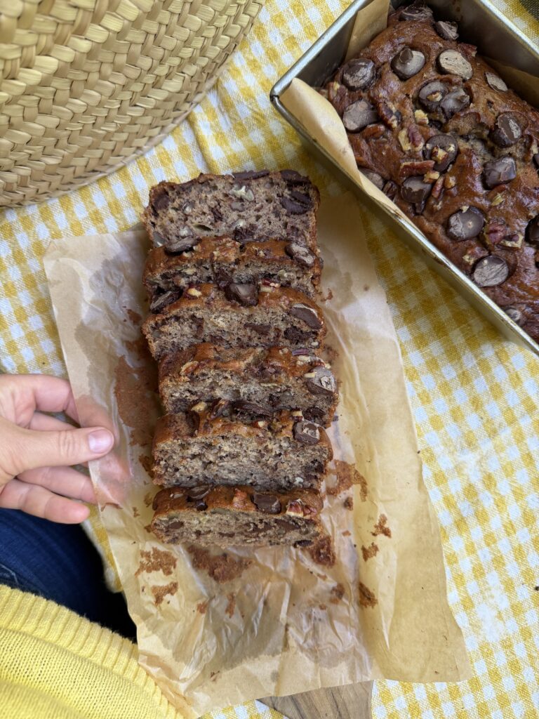 Sliced banana nut bread, ready to host