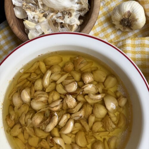 Garlic immersed in olive oil