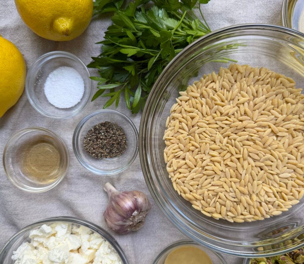 Ingredients for lemon feta orzo pasta salad